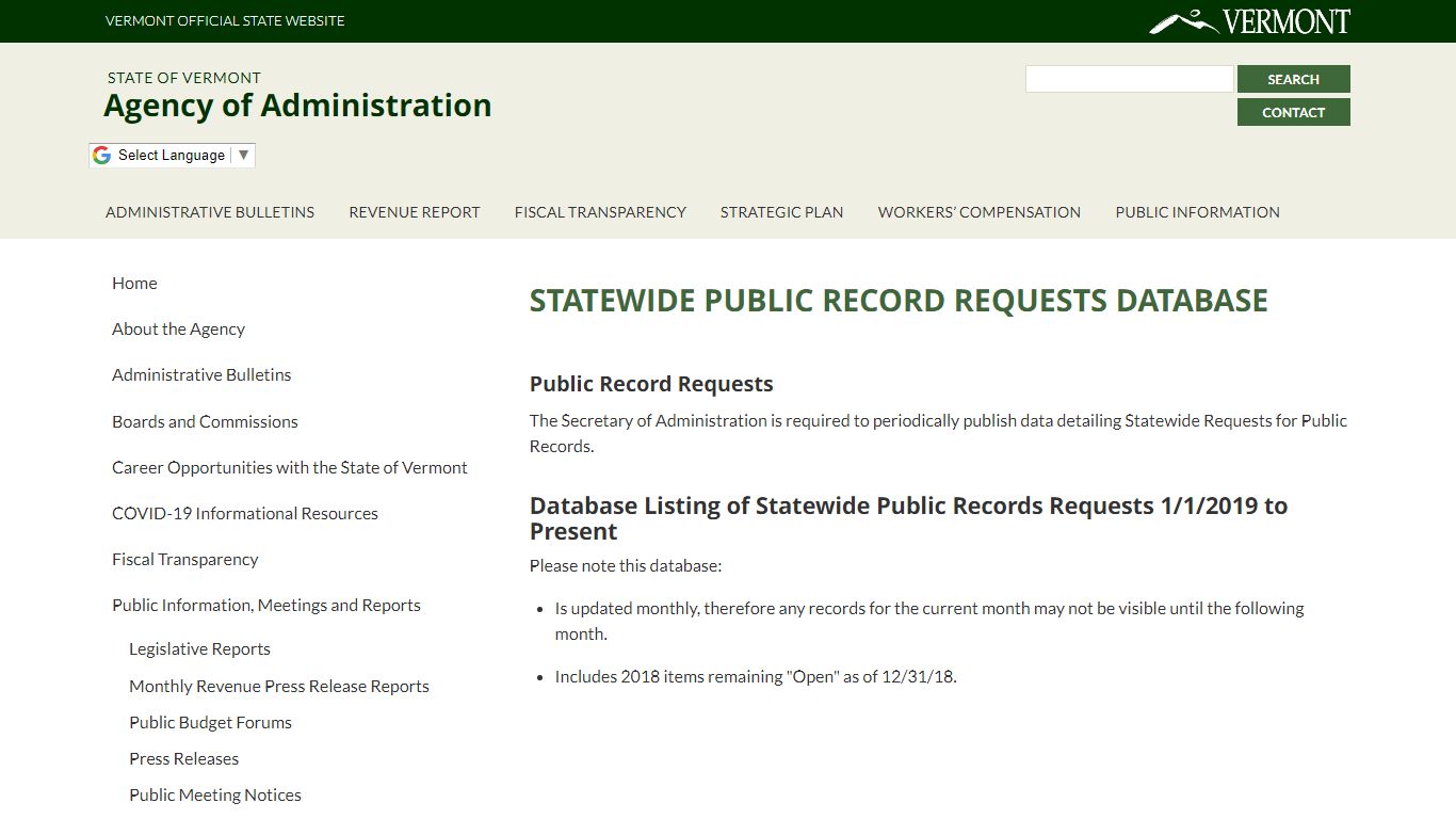 Statewide Public Record Requests Database | Agency of ... - Vermont