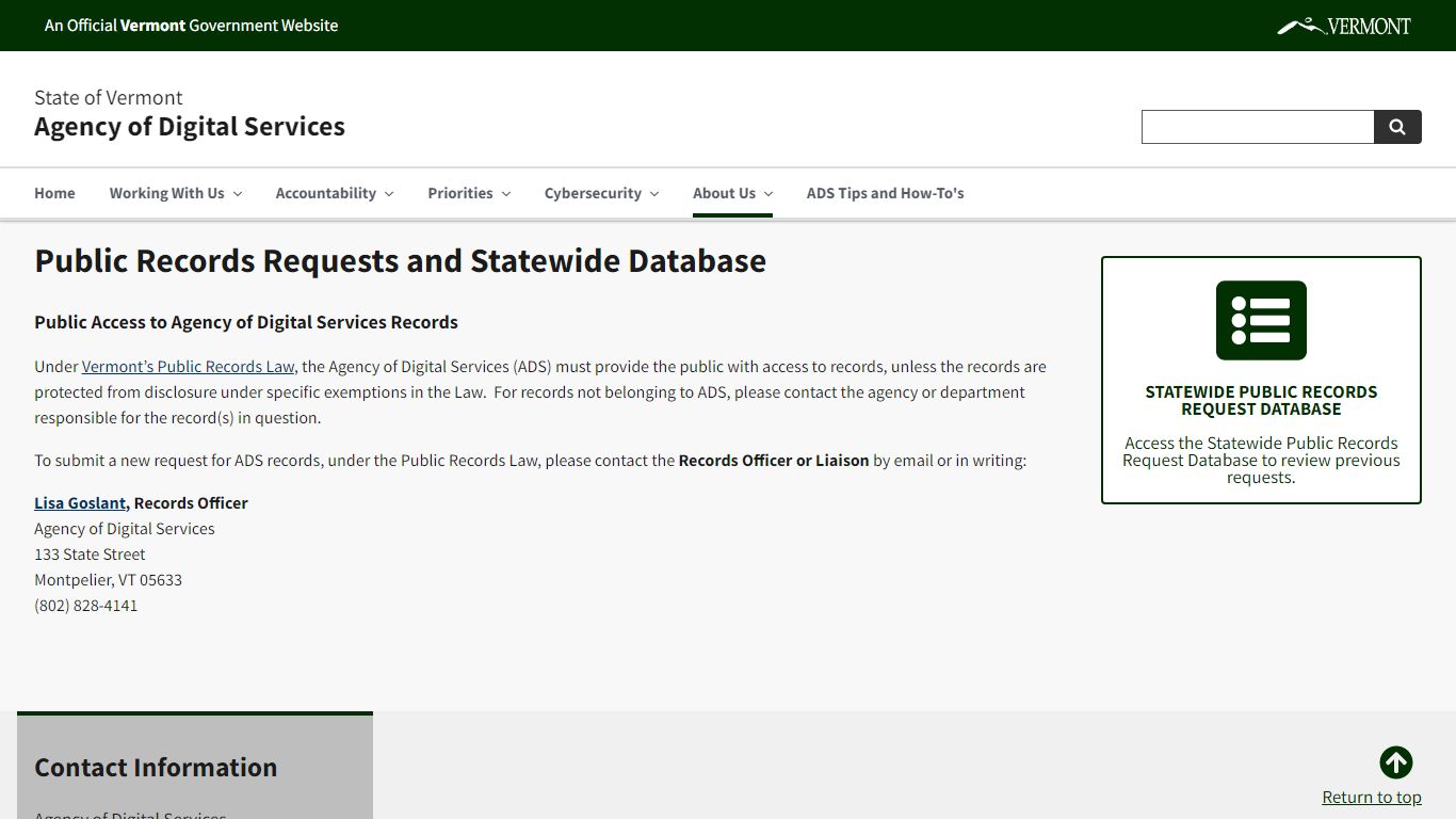 Public Records Requests and Statewide Database - Vermont